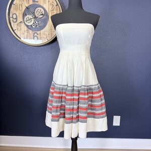 Anthropologie Floreat Cream Strapless Dress w/ Gray/Red Stripes | Size 2
